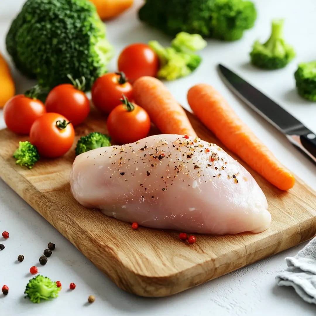 Cooked 8 oz chicken breast served with quinoa and broccoli.