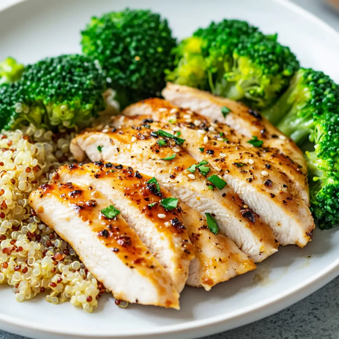 Cooked 8 oz chicken breast served with quinoa and broccoli.