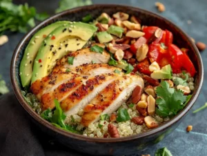 A vibrant chicken quinoa bowl with grilled chicken slices, quinoa, avocado, cherry tomatoes, baby spinach, and crumbled feta cheese.