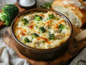 A creamy chicken quinoa casserole baked to perfection with melted cheese on top, fresh broccoli, and a golden crust.