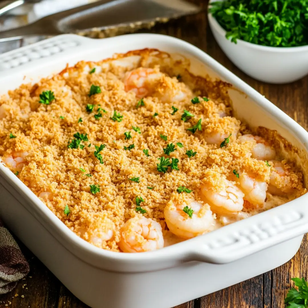 Baked shrimp casserole with golden Ritz cracker topping in a white dish.