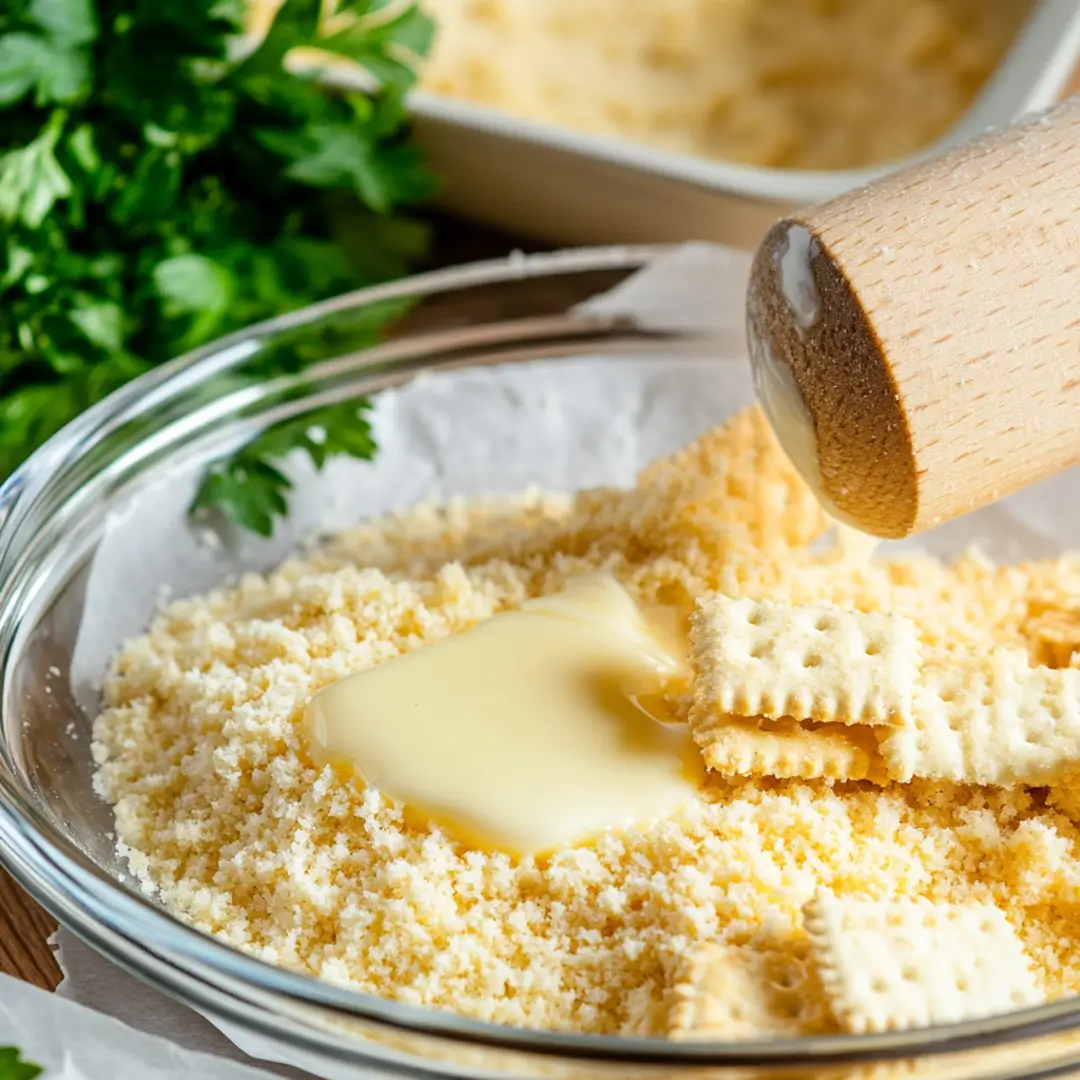 Crushed Ritz crackers being mixed with melted butter for a casserole topping.