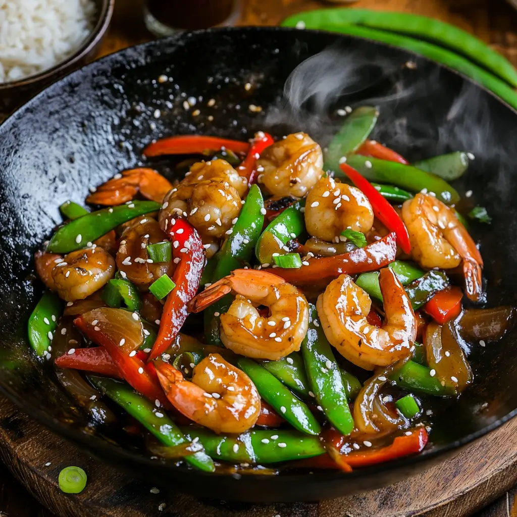 Stir-fried shrimp with oyster sauce and vegetables served in a wok.