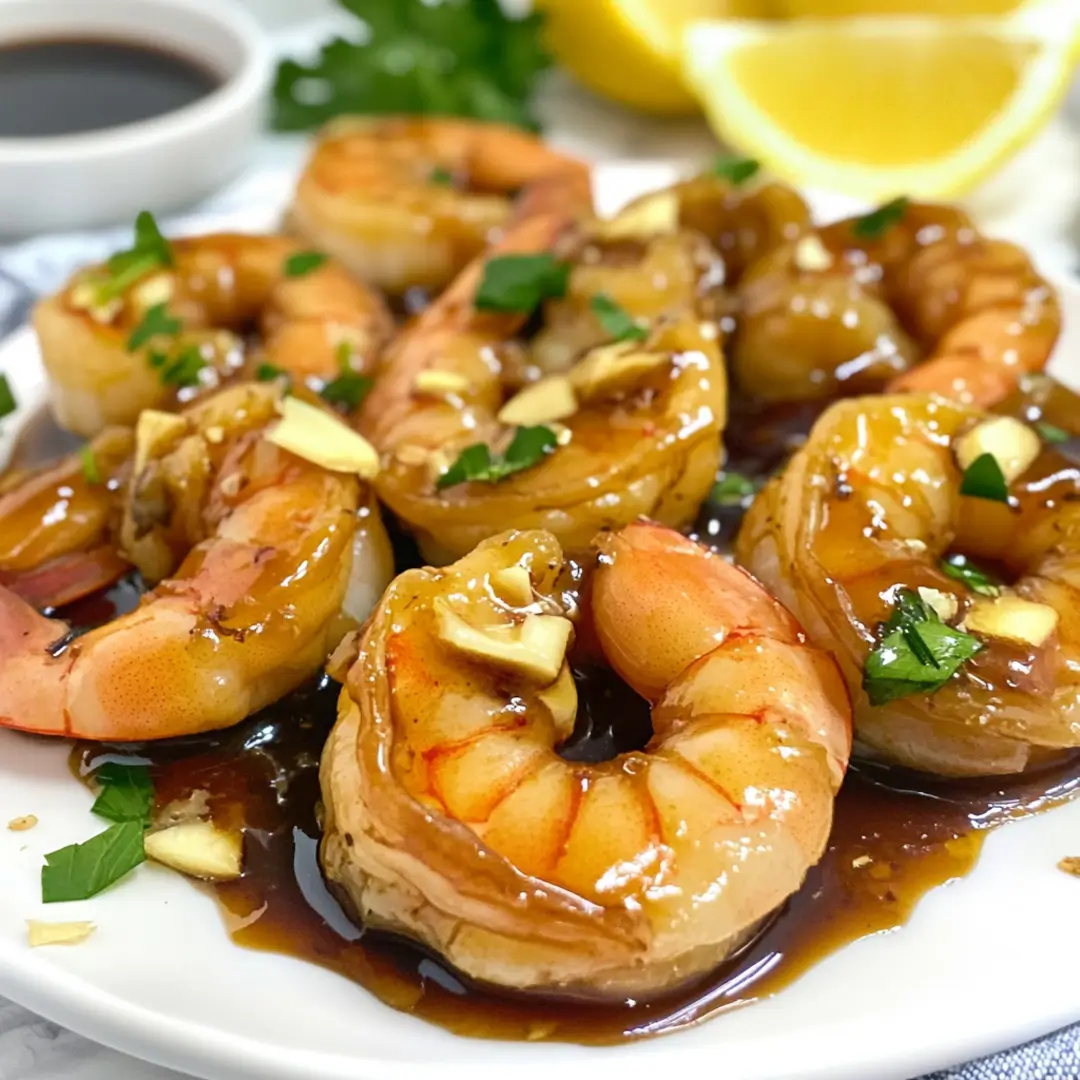 Sauteed shrimp with a glossy oyster sauce glaze, garnished with ginger and garlic.