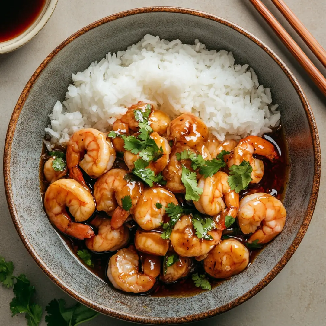 Seafood medley of shrimp and scallops in oyster sauce, served with steamed rice.