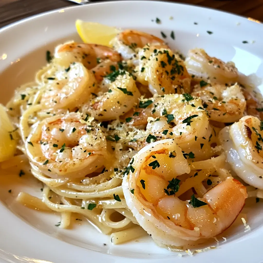 Plated Olive Garden shrimp scampi with linguine and lemon garnish.