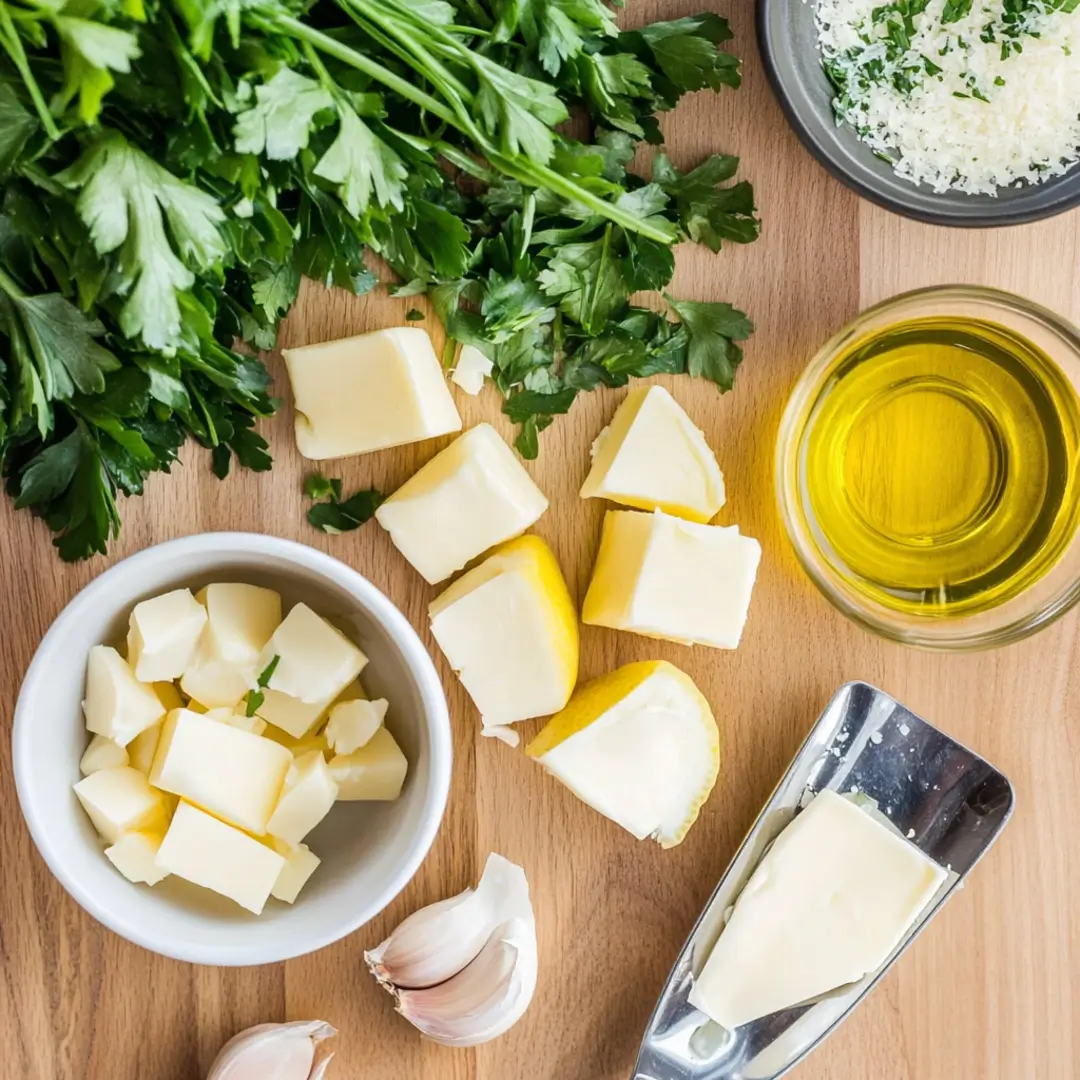 Ingredients for scampi sauce: garlic, butter, white wine, lemon, and parsley on a countertop.