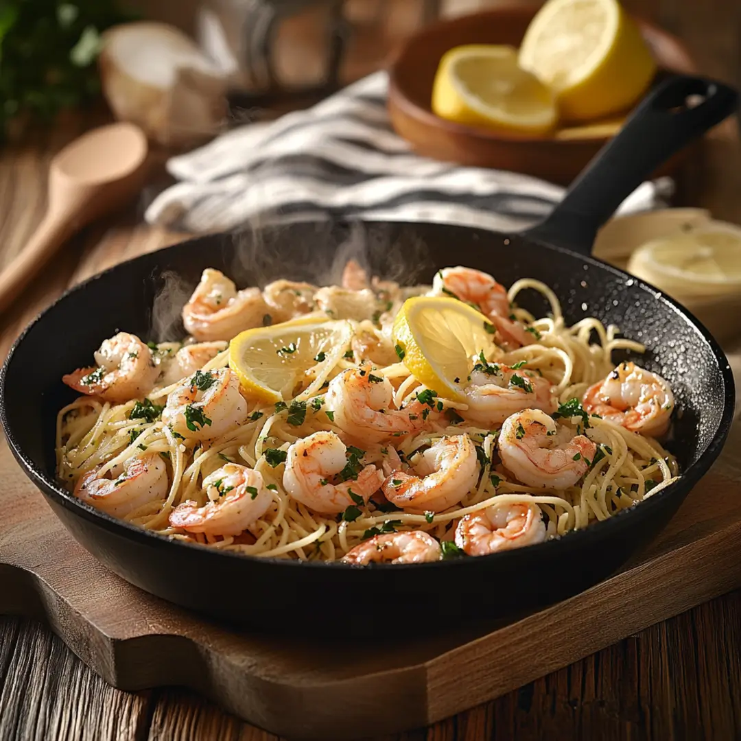 Home-cooked shrimp scampi in a skillet with golden butter garlic sauce and parsley garnish.