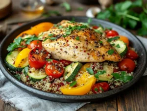 One-pan chicken and quinoa with colorful vegetables like zucchini and bell peppers, garnished with fresh parsley in a rustic skillet.