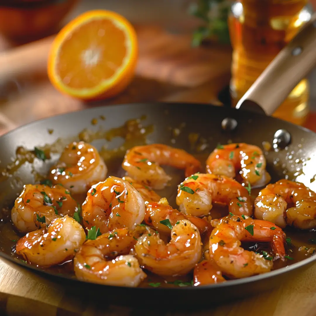 Close-up of orange-glazed shrimp cooking in a pan with a caramelized glaze.