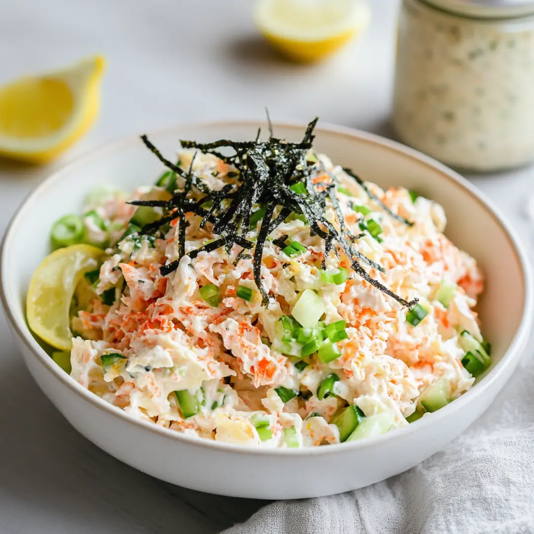 Creamy mock crab salad garnished with green onions and shredded nori.