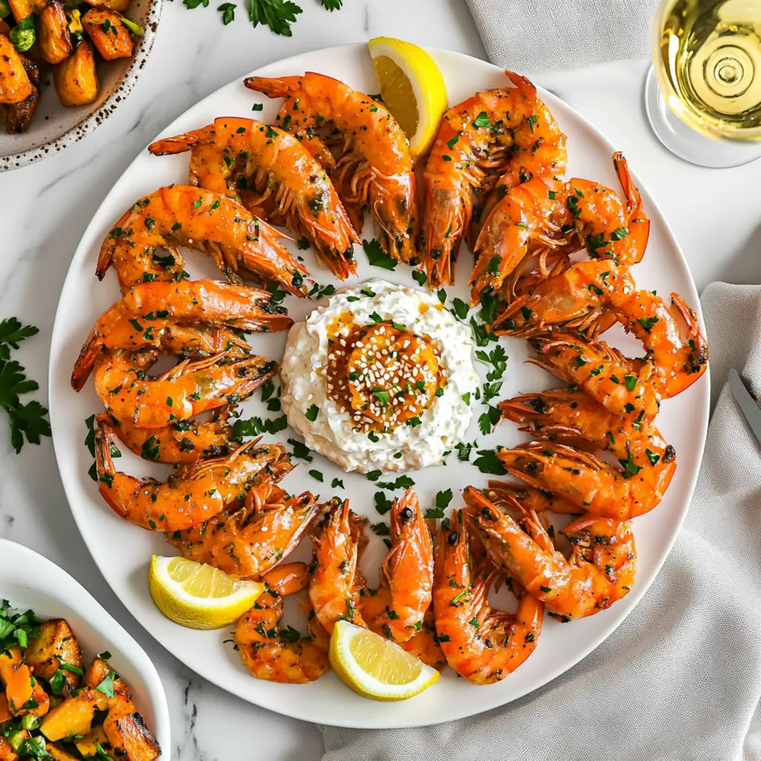 Orange-glazed shrimp paired with creamy mock crab salad on a white platter.