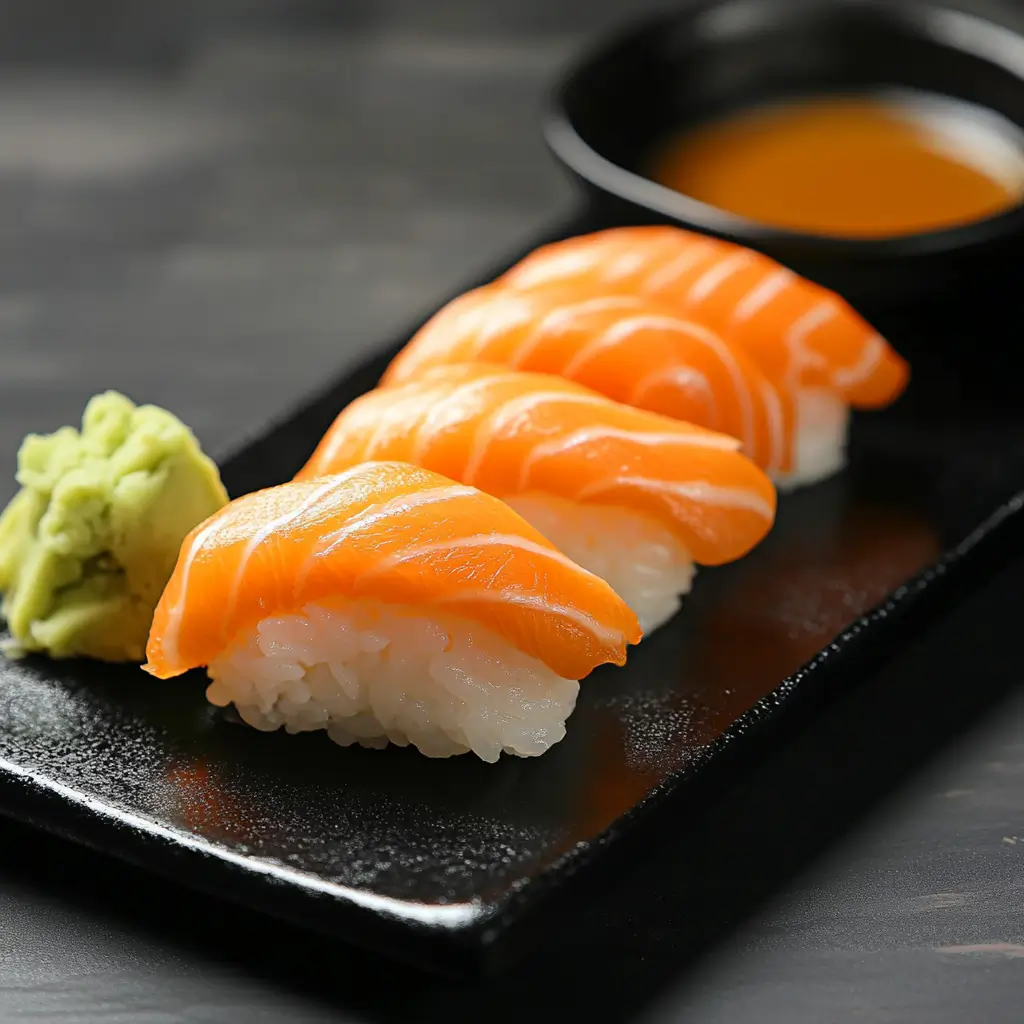 Salmon-topped nigiri sushi on a black ceramic plate with garnishes.