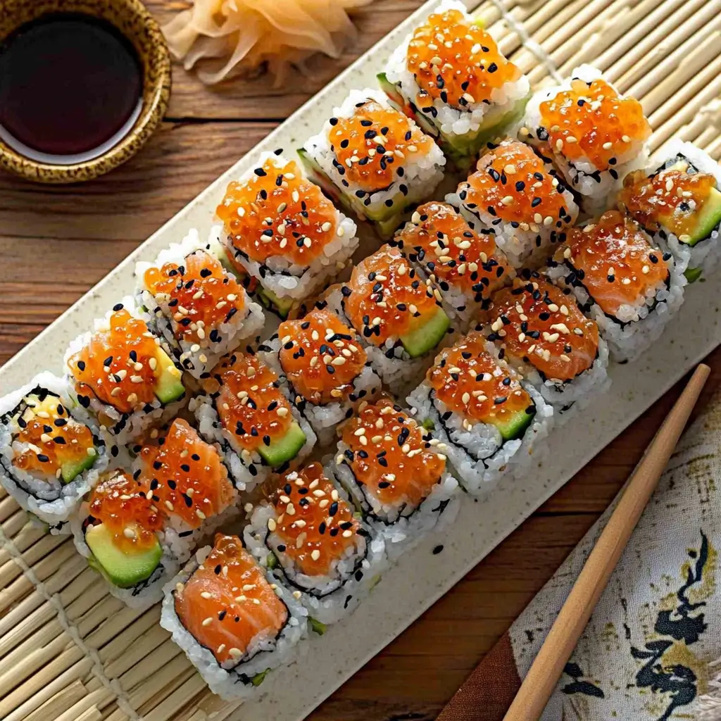 Alaska rolls with salmon slices, avocado, and cucumber on a white plate.