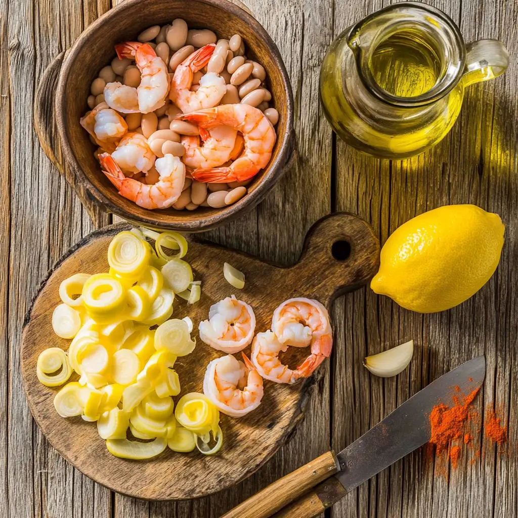 Fresh ingredients for lemony shrimp and bean stew on a wooden counter.