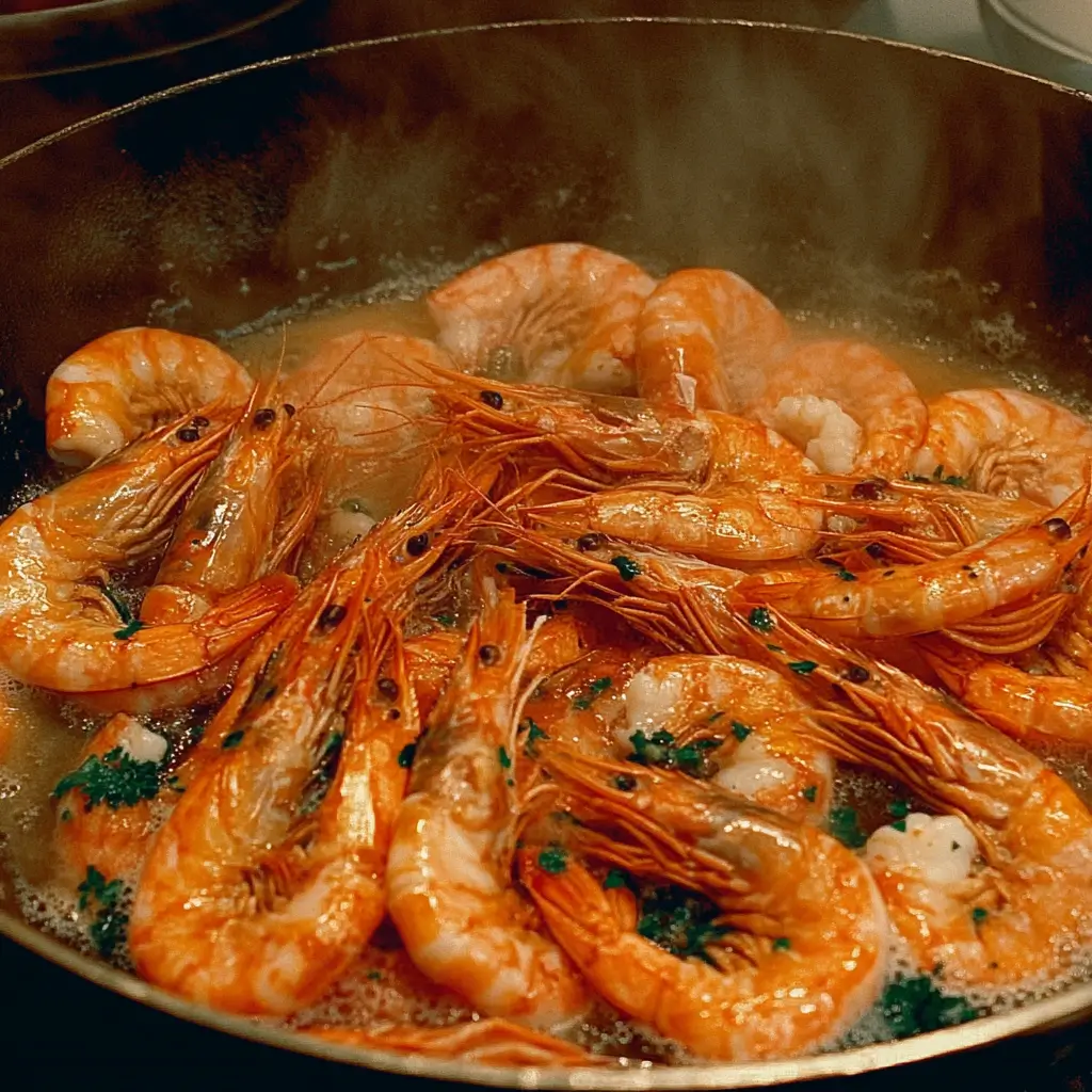 Shrimp cooking in a skillet with butter, garlic, and paprika.