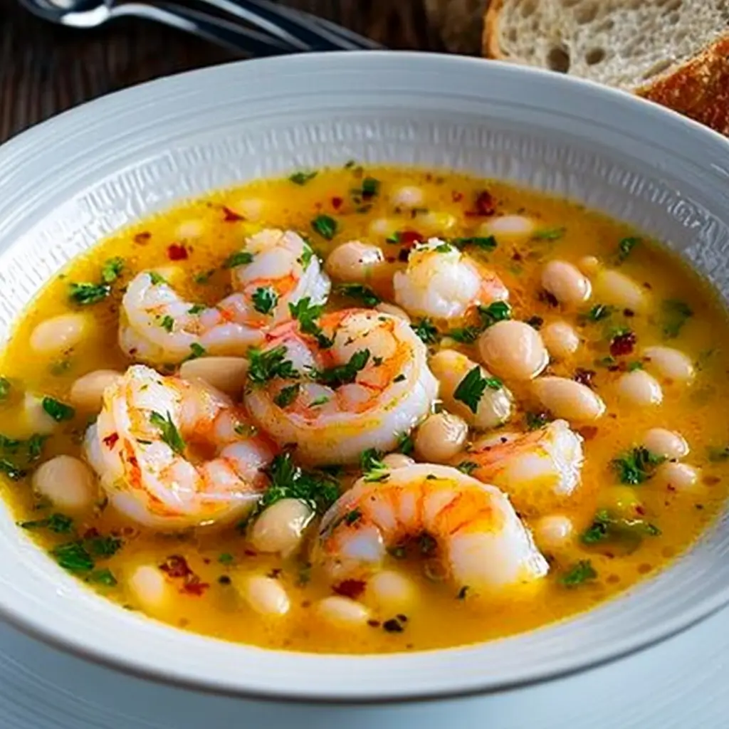 A bowl of lemony shrimp and bean stew served with crusty bread.