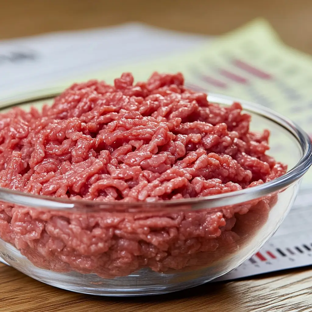 Raw ground beef placed in a transparent bowl, with a nutritional chart in the background showing calories, protein, and fat content visually.