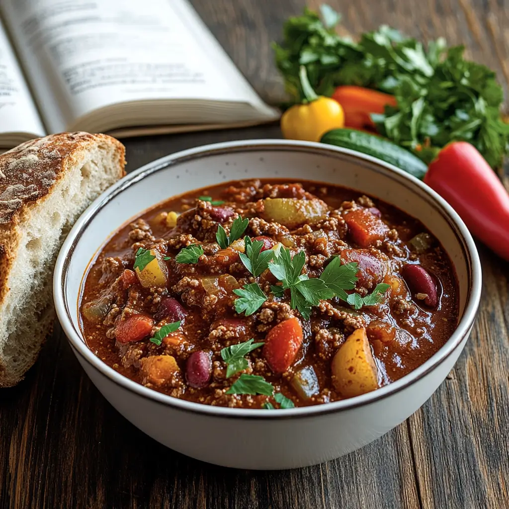 A beautifully plated bowl of lean ground beef chili garnished with fresh parsley, served with whole-grain bread and vibrant vegetables on a rustic table.