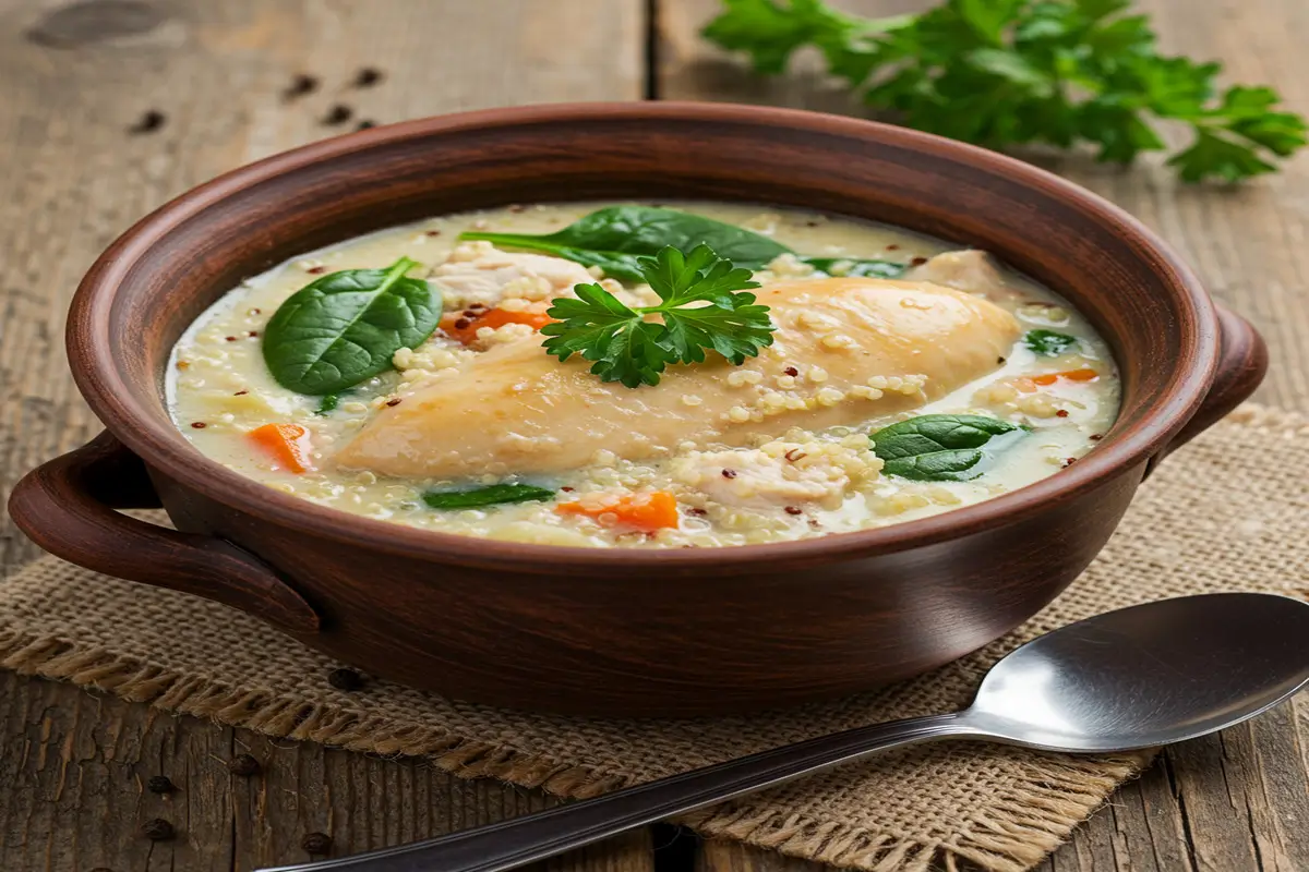 A bowl of creamy chicken breast and quinoa soup garnished with parsley, served in a rustic ceramic bowl with a cozy kitchen backdrop.