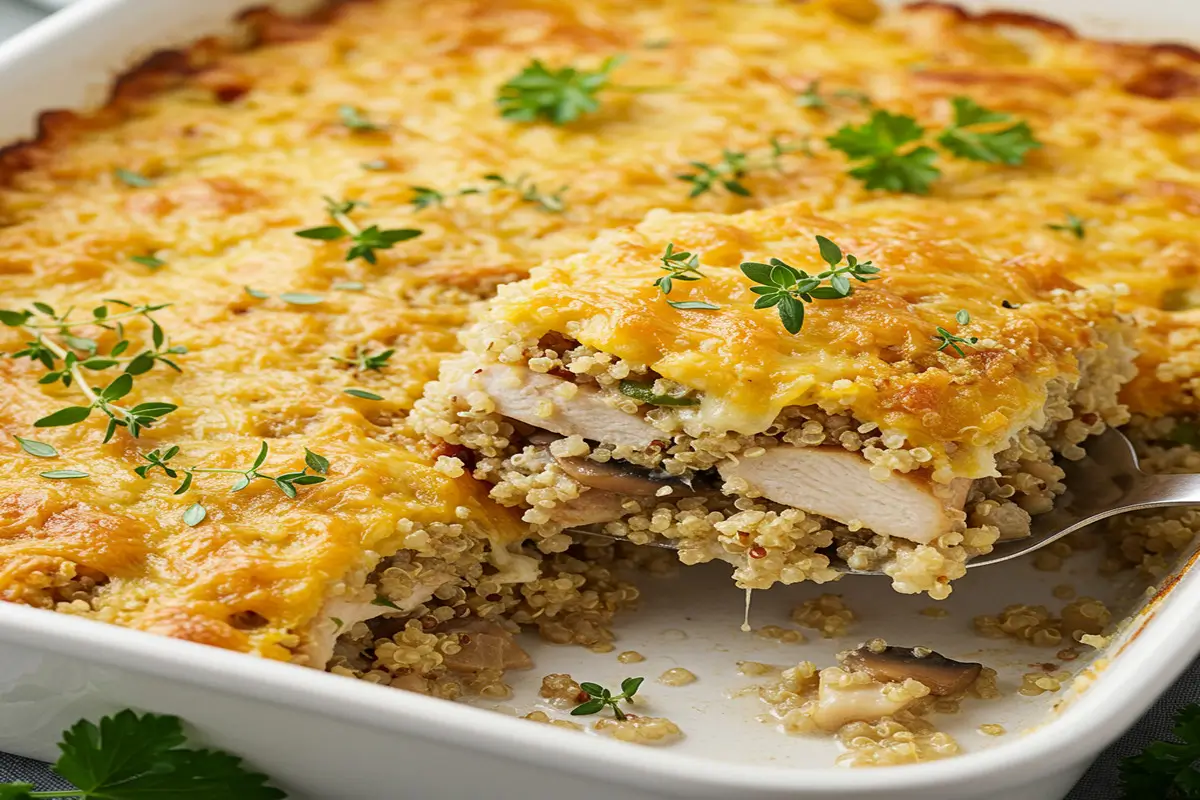 A golden-brown casserole with layers of chicken, quinoa, cream of mushroom soup, and melted cheese, surrounded by plates on a dinner table.