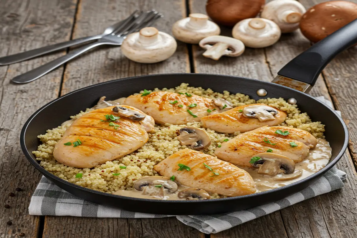 A sizzling skillet with tender chicken breast, fluffy quinoa, sautéed mushrooms, and creamy mushroom sauce on a wooden table.