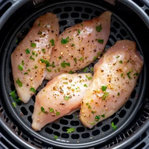 Step-by-step preparation of frozen chicken breast: seasoning, placing in the air fryer basket, and setting the temperature