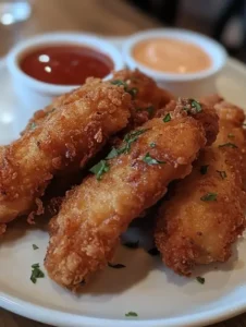 Golden-brown cooked chicken tenderloins served on a white plate, garnished with fresh parsley, paired with dipping sauces and steamed vegetables.