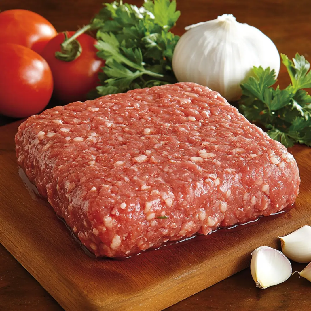 Raw ground beef with fresh ingredients on a cutting board.