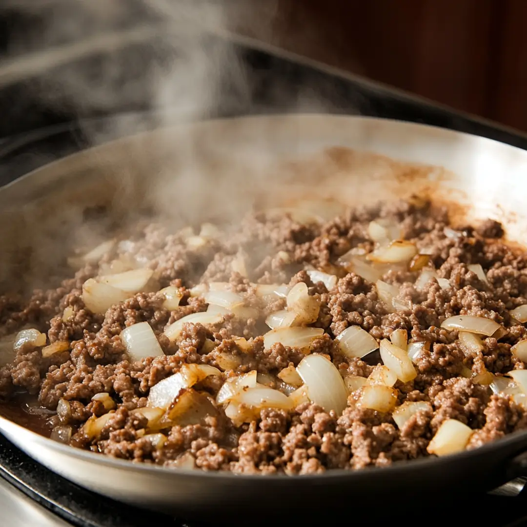 Ground beef cooking in a skillet with onions and garlic.