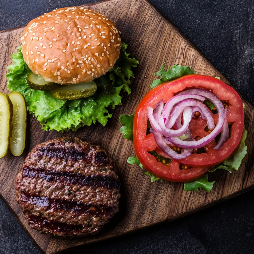 Beef patty and plant-based patty side by side on a board.