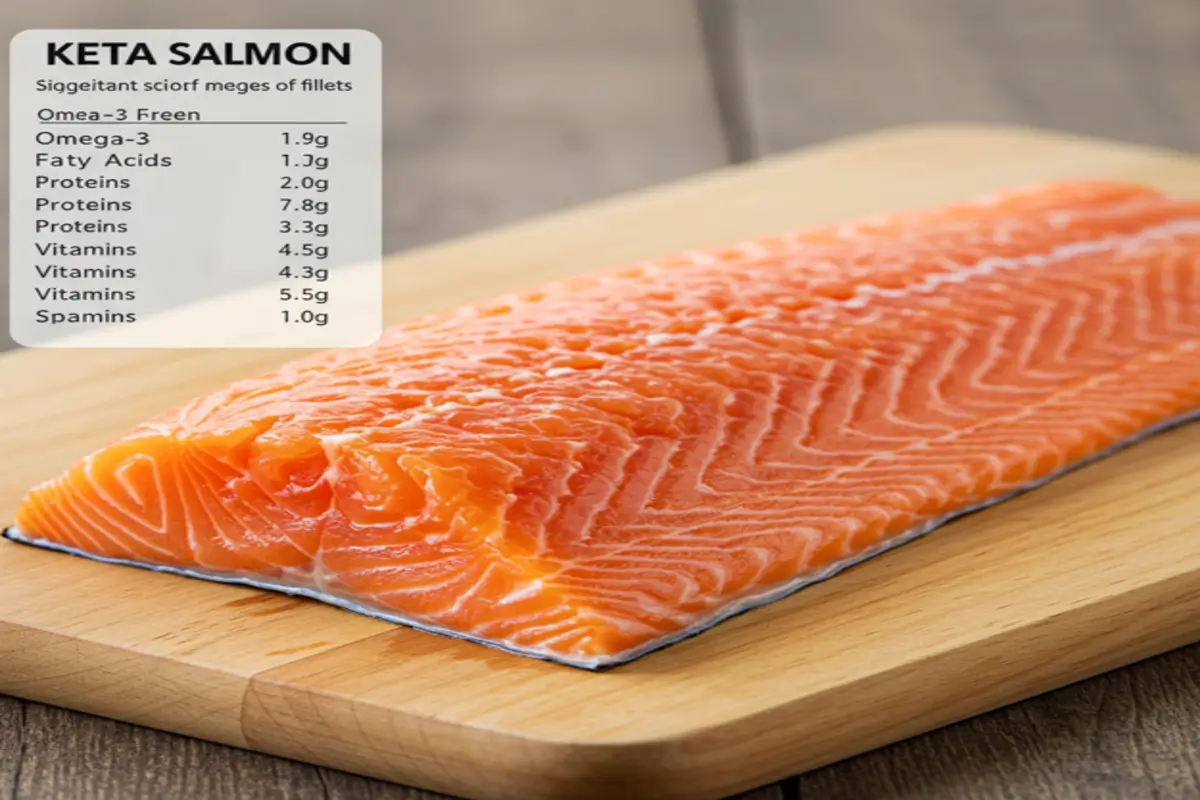 Keta salmon fillet on a board with a nutritional chart in the background highlighting its health benefits.