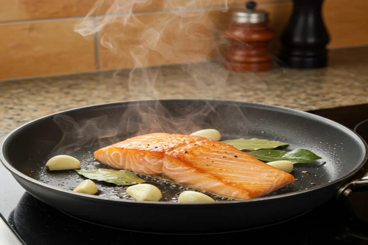 Keta salmon fillet being pan-seared with garlic and herbs in a skillet, with steam rising in a vibrant kitchen.