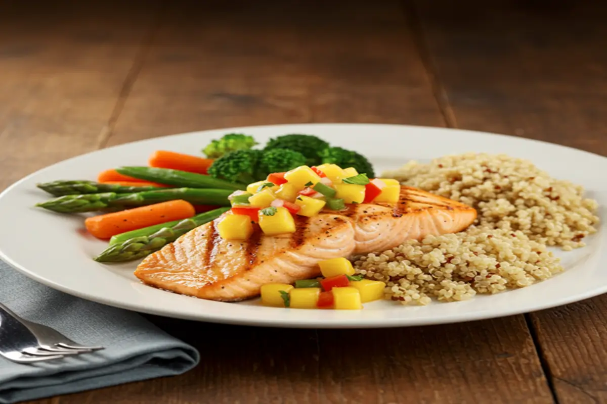 Grilled keta salmon fillet topped with mango salsa, served with quinoa and vegetables on a rustic table.