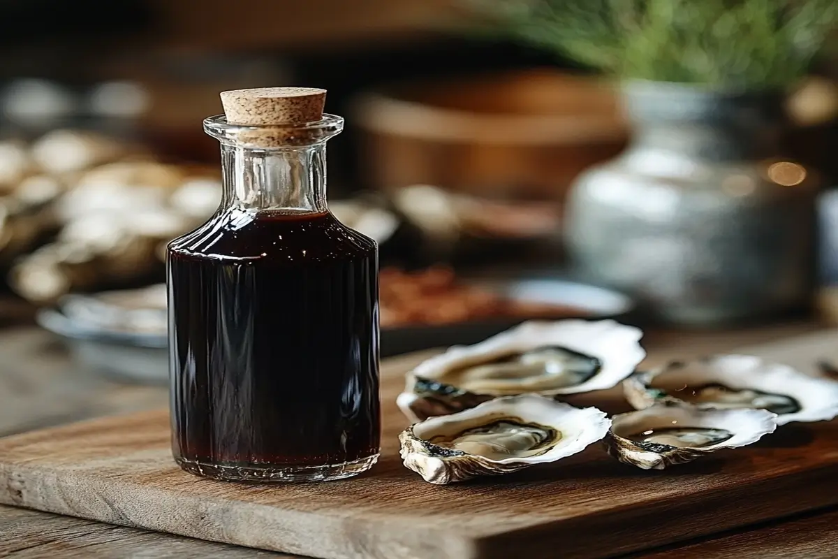 Bottle of oyster sauce with fresh oysters