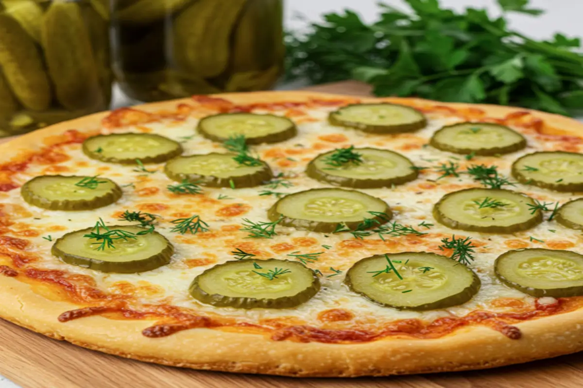 Freshly baked pickle pie pizza with green pickles and melted cheese.